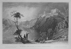 Steel engraving from "Views of the Rhine" by William Tombleson (around 1840): St. Goar and ruins of Fort Rheinfels