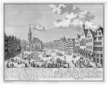 Römerberg und Nikolaikirche kurz nach der Restauration, 1728 (Kupferstich von Georg Daniel Heumann nach Zeichnung von Salomon Kleiner)