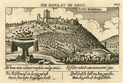 The village of Altenbamberg in the Palatinate with Castle Altenbaumburg looming over - it printed sometime between 1637 and 1678